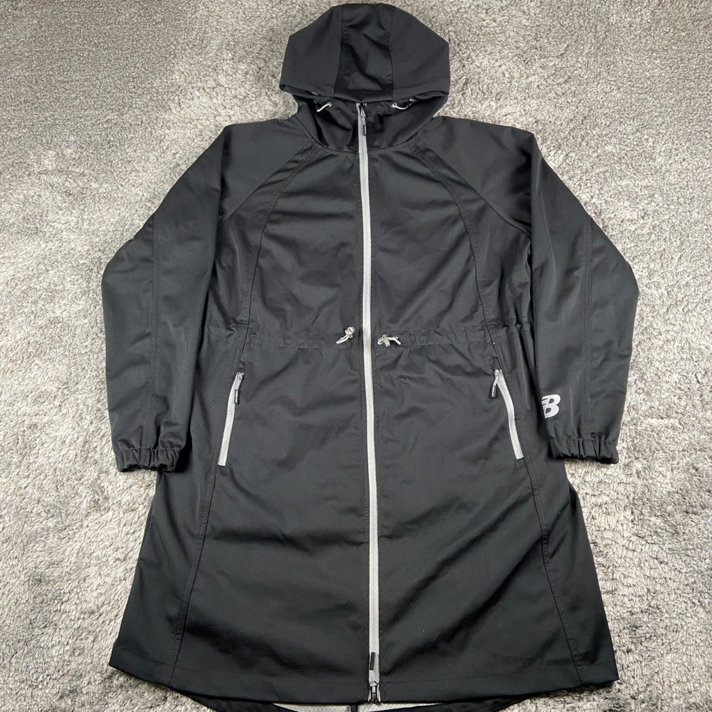 New Balance Longline Jacket Womens Large Black Hooded Full Zip Windbreaker Coat